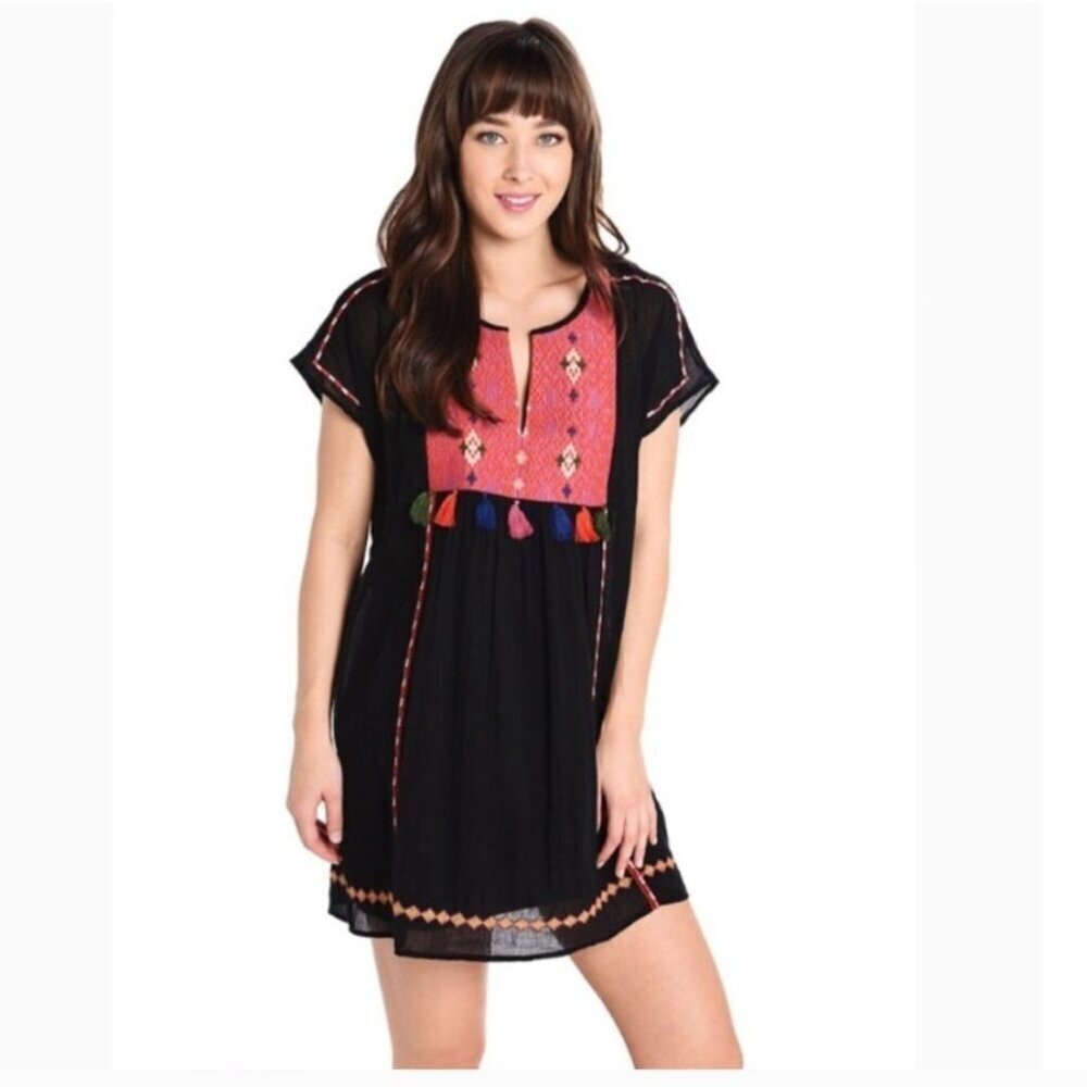 Joie Black Boho Cotton Embroidered Mini Dress Small Tassels Short‎ Sleeves